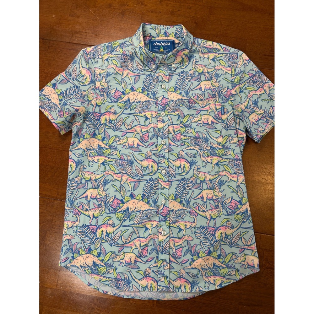 Chubbies Button Down Shirt Mens Small Blue Dinosaur Print Short Sleeve